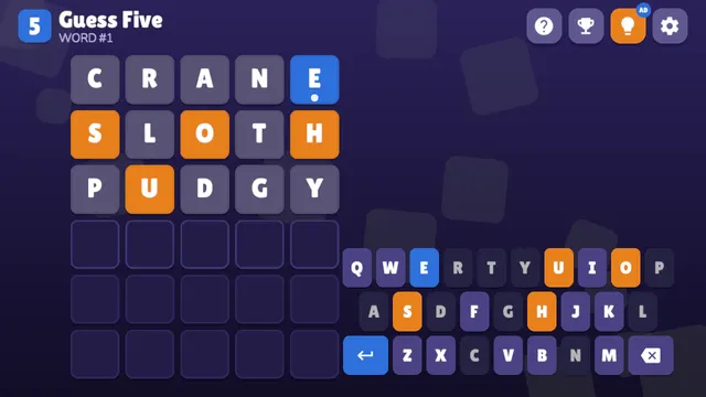 Guess Five after three guesses with blue and orange letter tiles
