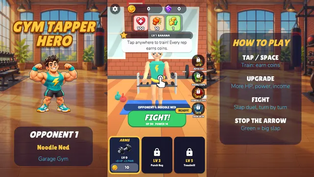 Gym Tapper hero in the Garage Gym facing Noodle Ned