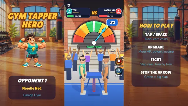 Gym Tapper how-to-play panel listing train, upgrade and fight