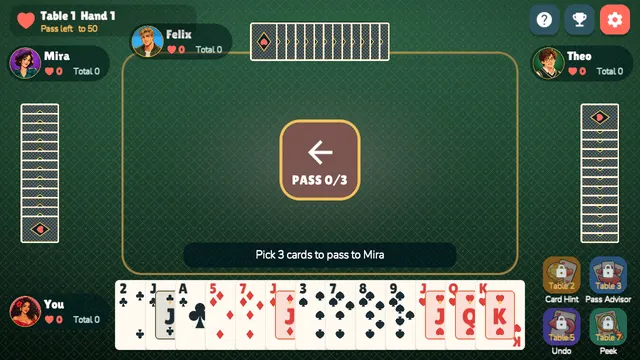 Hearts Table: choosing cards to pass