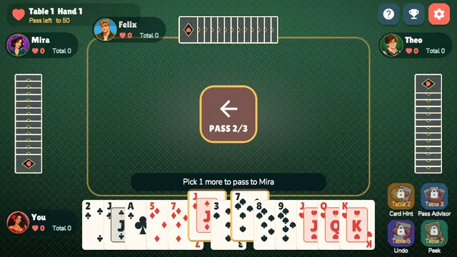 Hearts Table pass screen showing PASS 2/3 to Mira