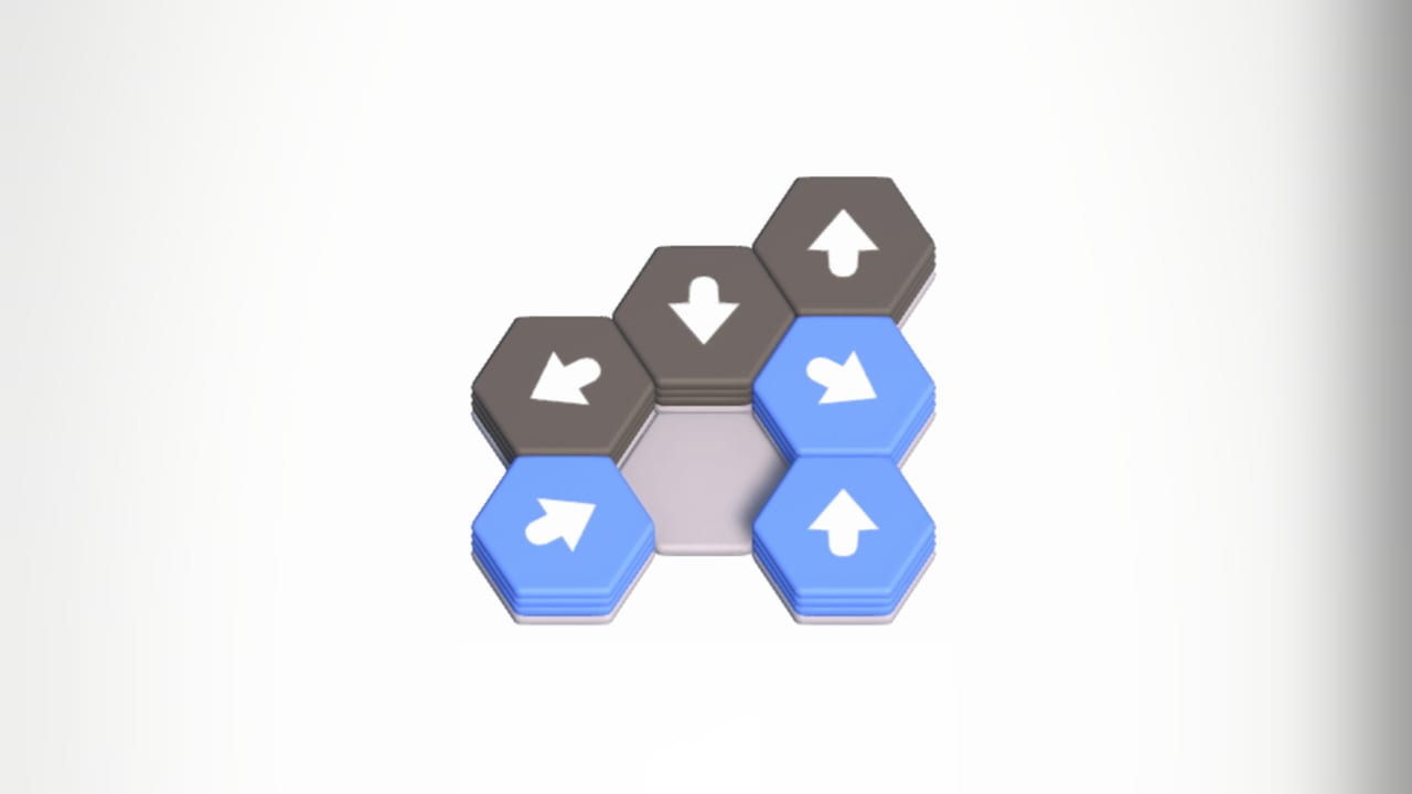 Hex Drift: gray and blue hexagon tiles with arrows showing where each one slides