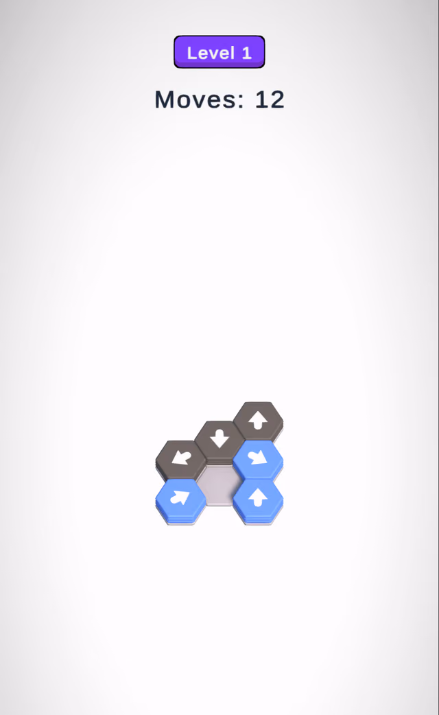 Hex Drift level 1: gray and blue hexagon stacks with arrows, 12 moves