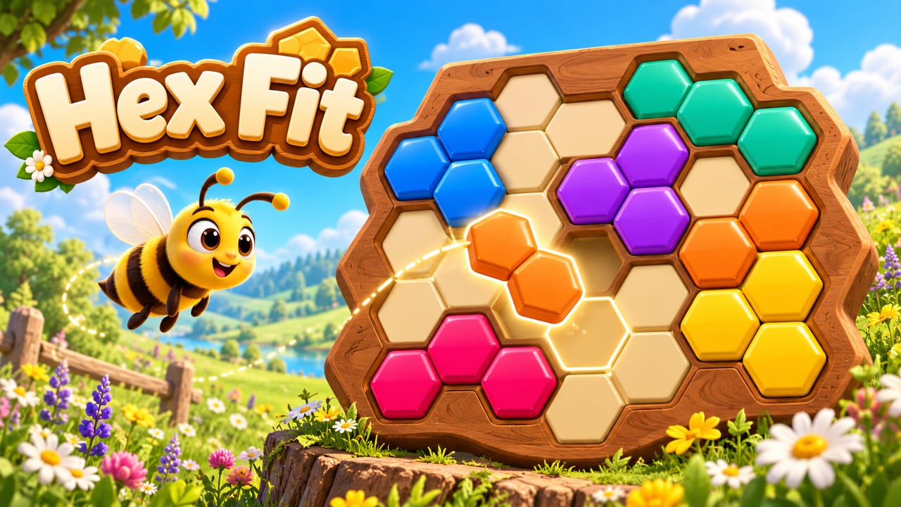 Colored hexagon pieces filling a wooden honeycomb board, with a cartoon bee in a flower meadow