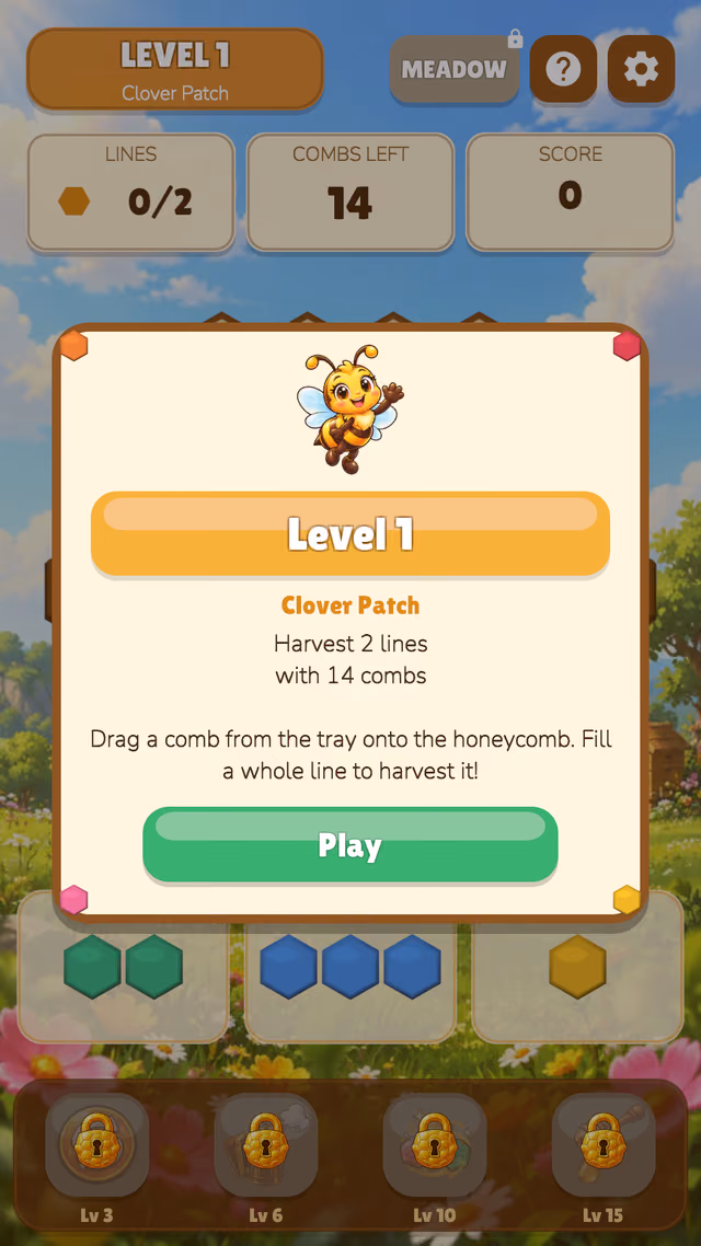 Hex Fit: the first hex pieces waiting below the honeycomb board