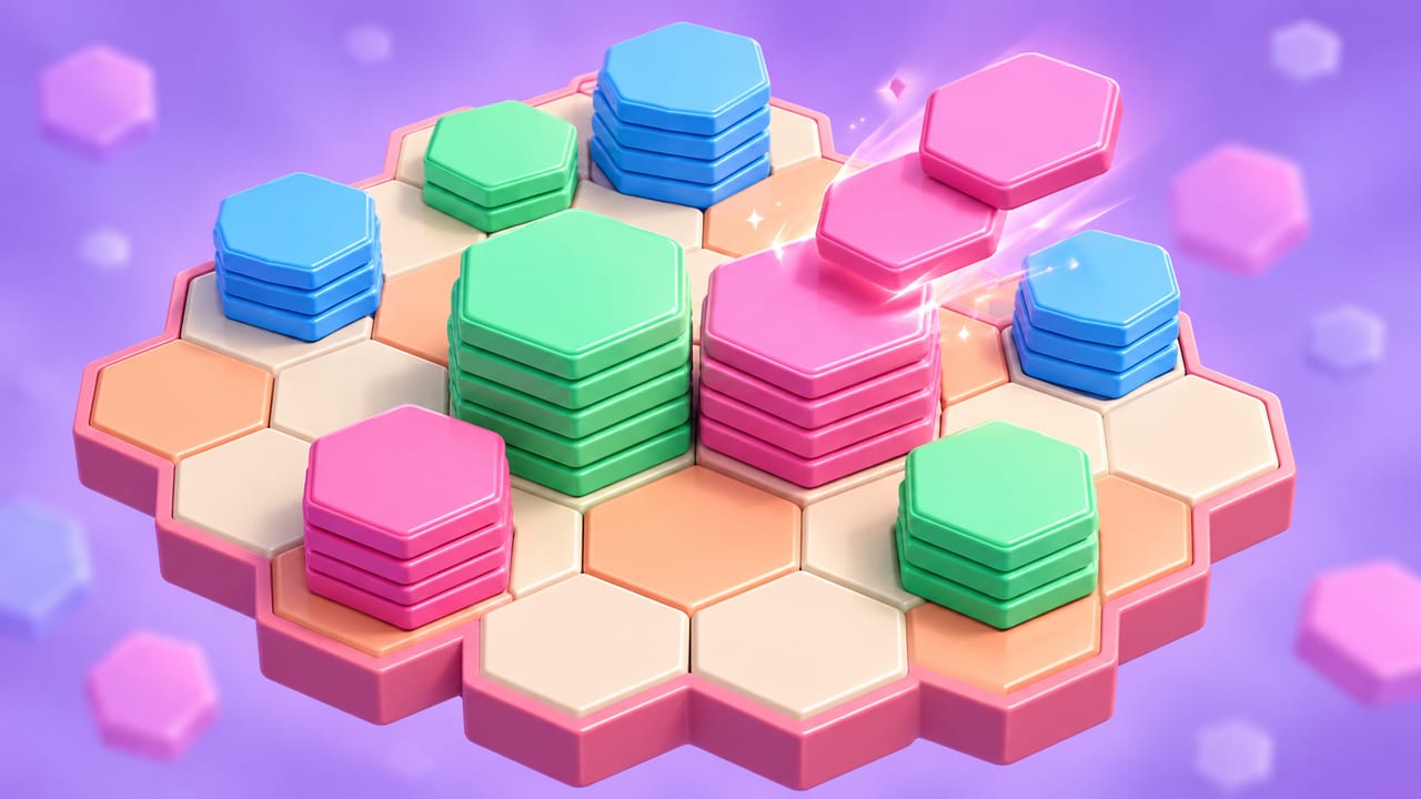 Stacks of pink, mint and blue hexagon tiles on a pastel honeycomb board