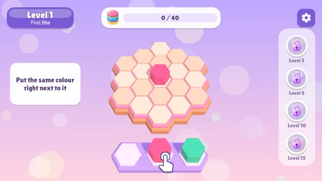 Hex Tower Sort: a pink tower placed on the honeycomb board