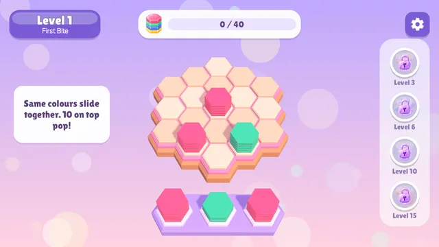 Hex Tower Sort: pink towers merging on the board