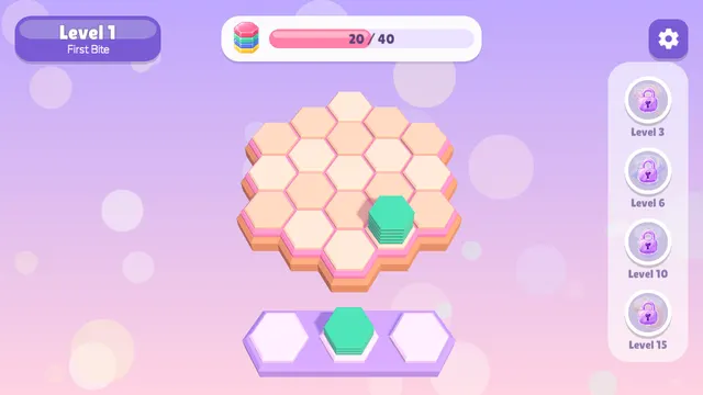 Hex Tower Sort level 1 with the bar at 20 of 40