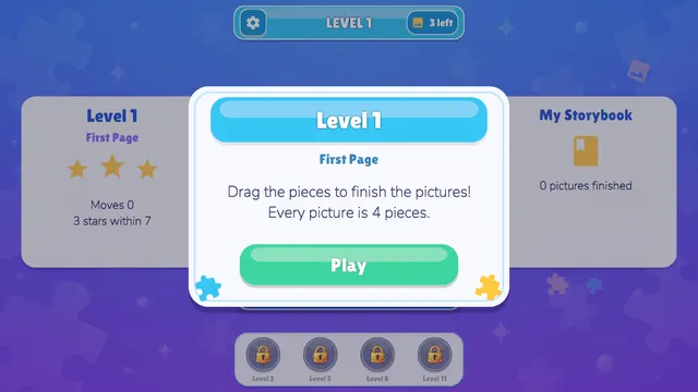 Level 1 First Page card saying every picture is four pieces