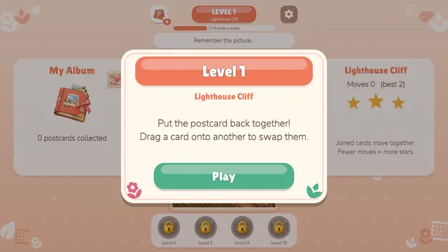Level 1 Lighthouse Cliff card asking you to put the postcard back together