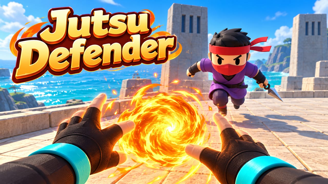 Jutsu Defender cover art: a ninja leaps at the wall as two hands cast a blazing fire jutsu