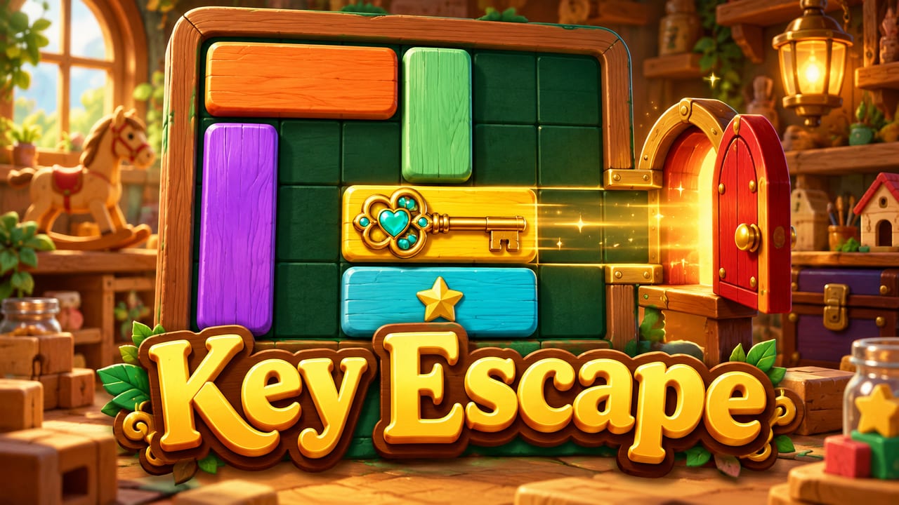 A golden key sliding out through a small red door past colored blocks on a green board