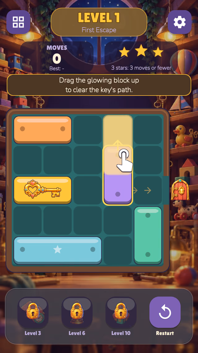 Key Escape: a level with the key behind sliding blocks