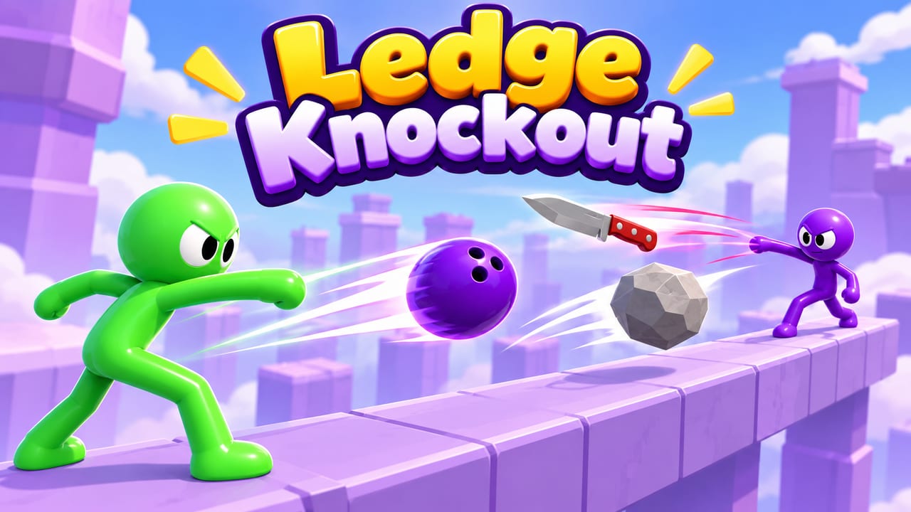 A green and a purple stickman throwing a bowling ball, knife and rock at each other along a ledge