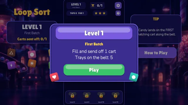 Tip card: candy lands on the first matching cart along the belt