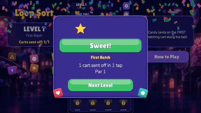 Win screen showing 1 cart sent off in 1 tap, par 1