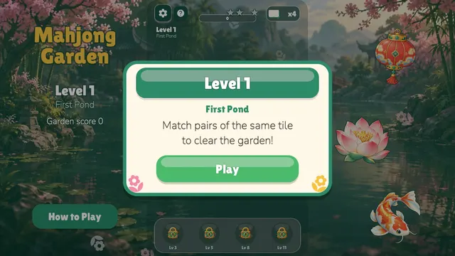 Level 1 First Pond card with the goal to match pairs of the same tile
