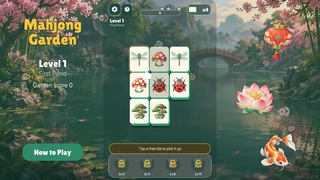 Pond board with dragonfly, mushroom, ladybug and bonsai tiles