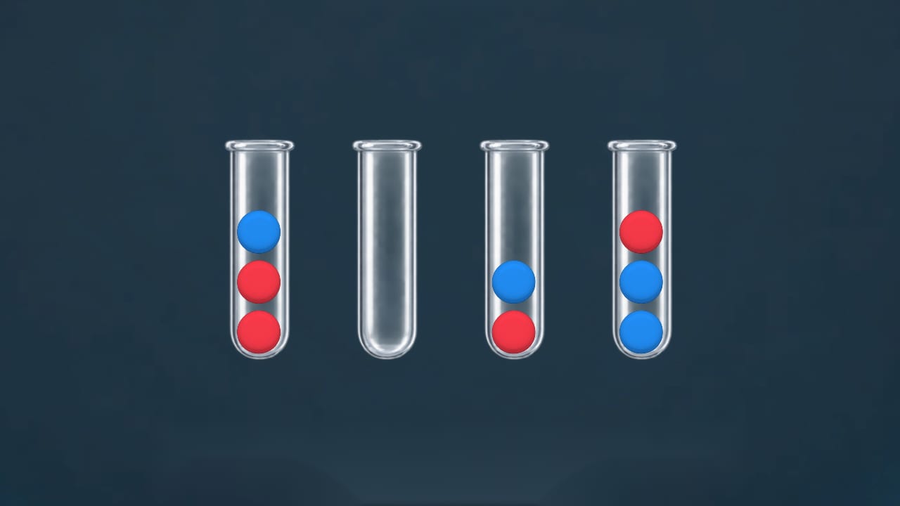 Marble Grove: red and blue marbles out of order in four glass tubes