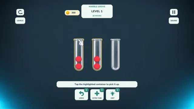 Marble Grove level 1: two tubes of red marbles and an empty tube
