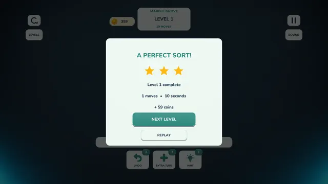 Marble Grove level complete screen with three stars