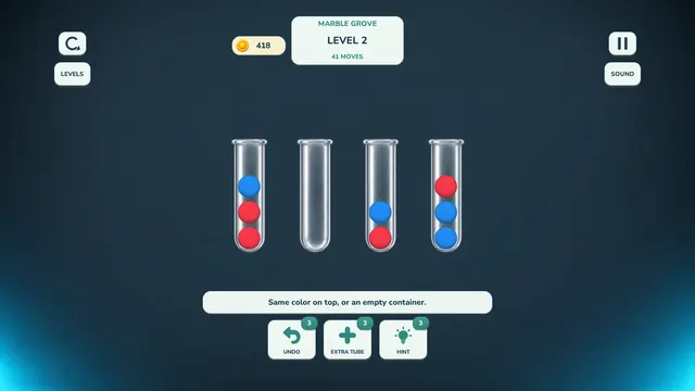 Marble Grove level 2: red and blue marbles out of order in four tubes