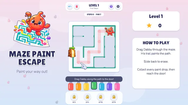 Maze Paint start screen with Dabby the paint blob