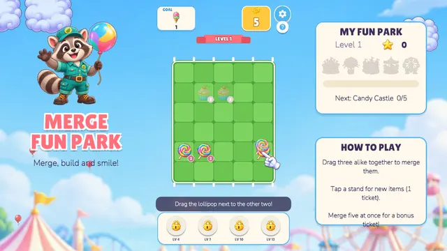 Merge Fun Park raccoon guide next to the merge board