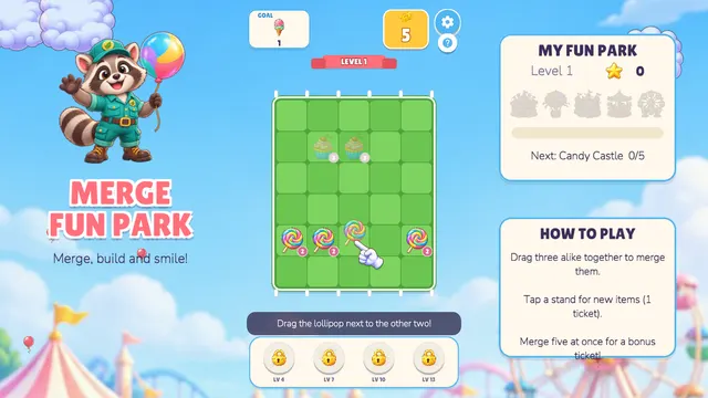 Merge Fun Park how-to-play panel about merging three alike items