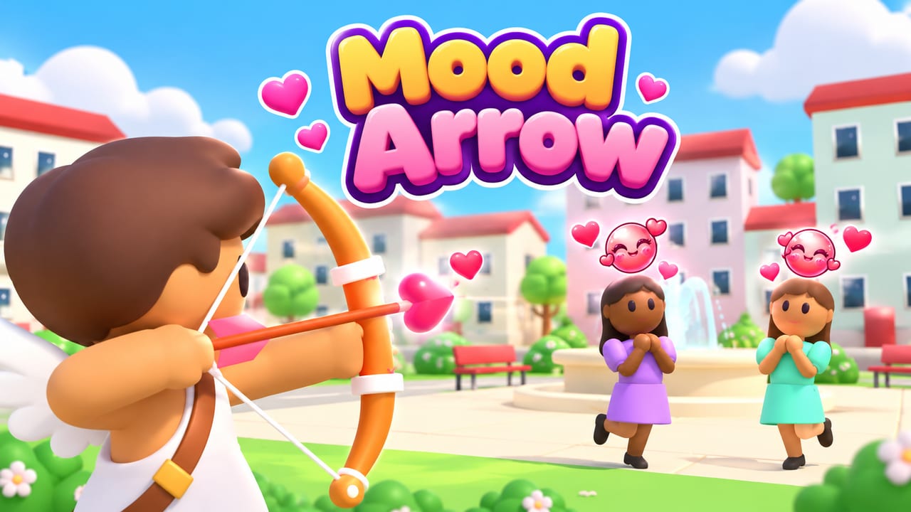 A cupid archer aiming a heart arrow at townspeople in a sunny plaza