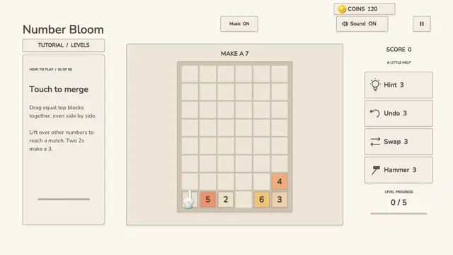 Number Bloom level asking to make a 7 from columns of number blocks