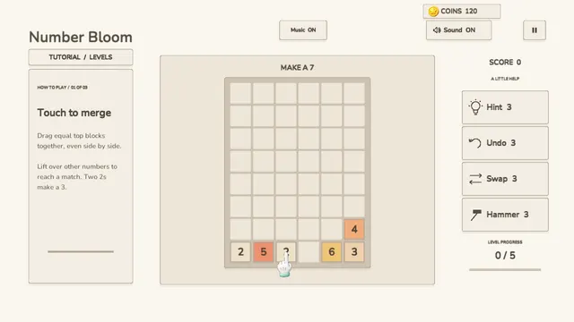 Number Bloom, dragging a block onto an equal number to merge it