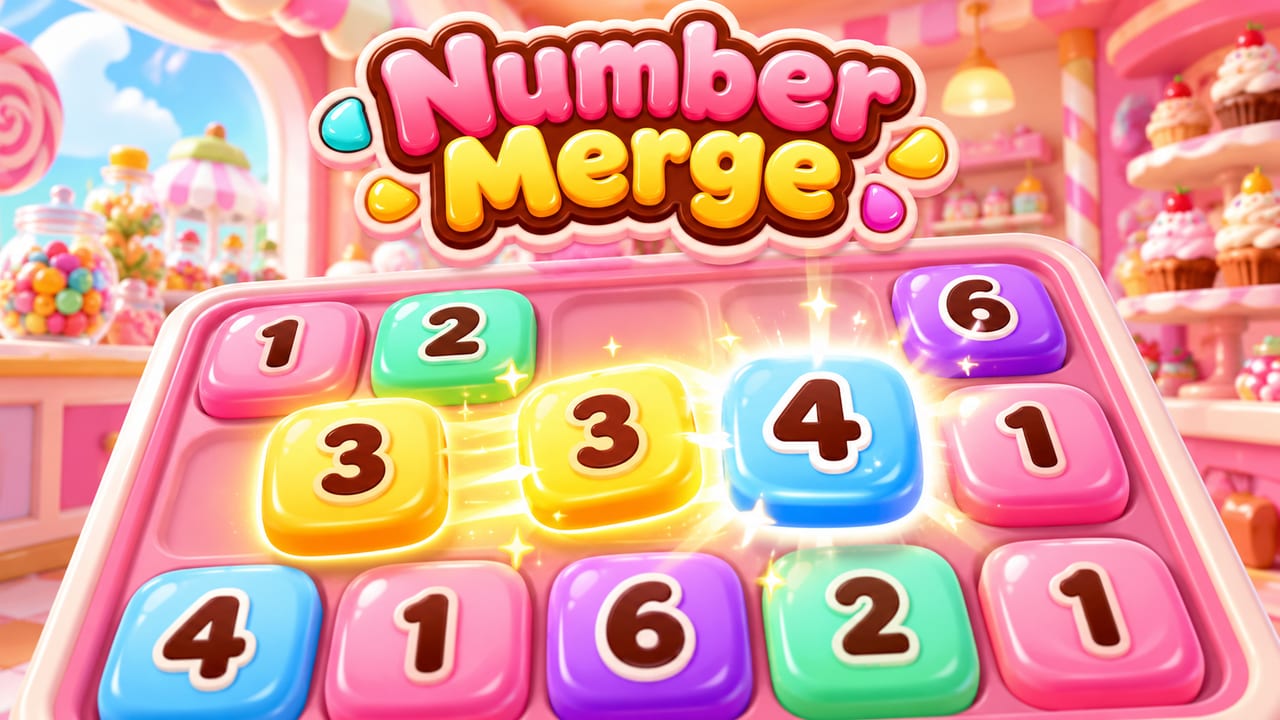 Candy-colored numbered tiles merging on a pink board, two 3s joining into a 4