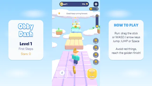 On-screen stick and Jump button for mobile play