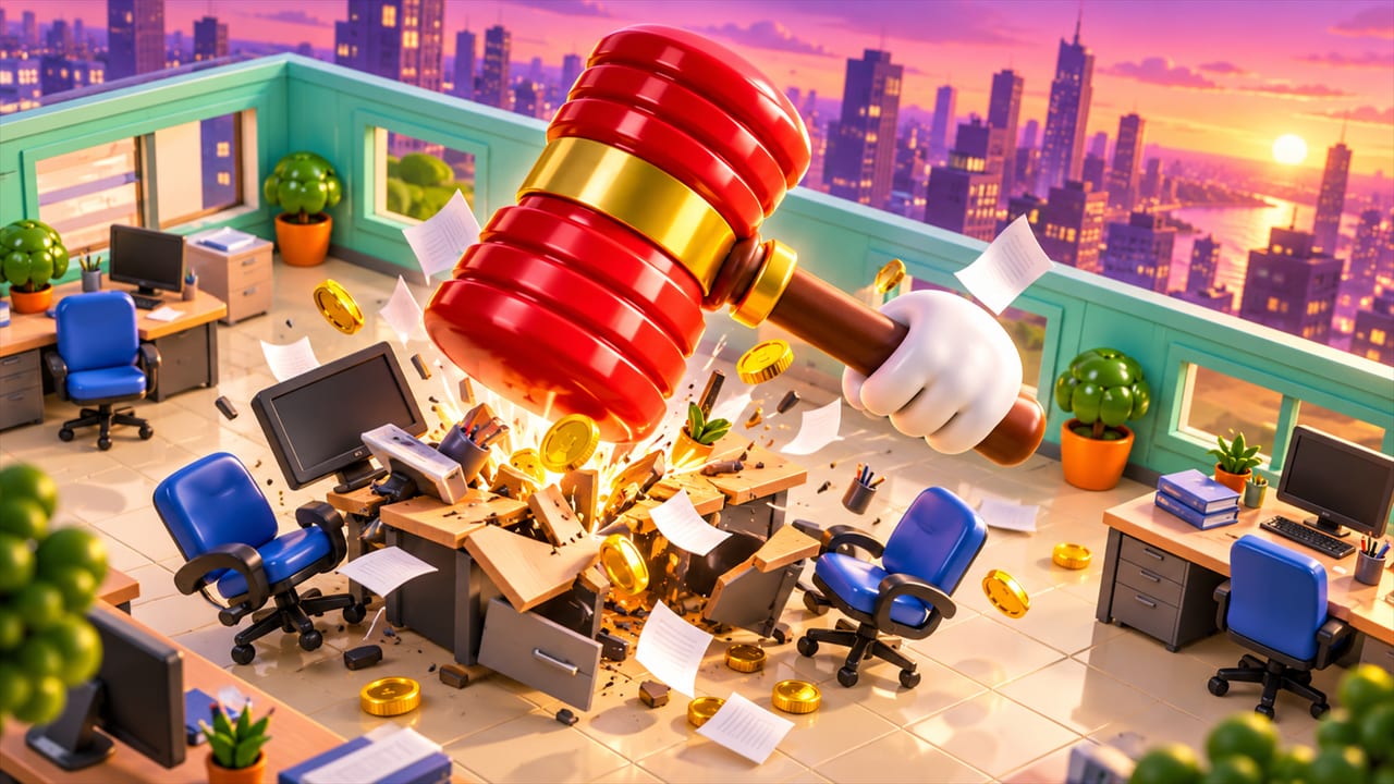 A giant red mallet smashing chairs and desks in a toy office