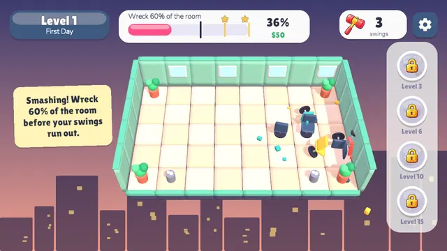 Office Rampage: the mallet smashing chairs, 36% of the room wrecked