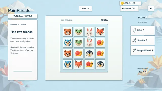 Pair Parade grid of bears, frogs, bunnies, foxes, snails and penguins