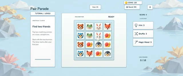 Pair Parade on a phone held sideways with the animal grid