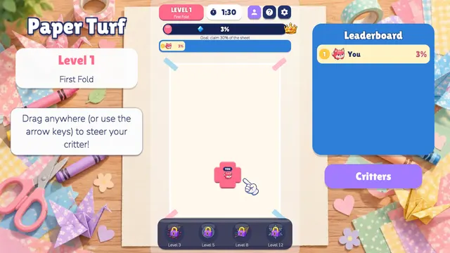 Paper critter drawing a trail to claim new turf