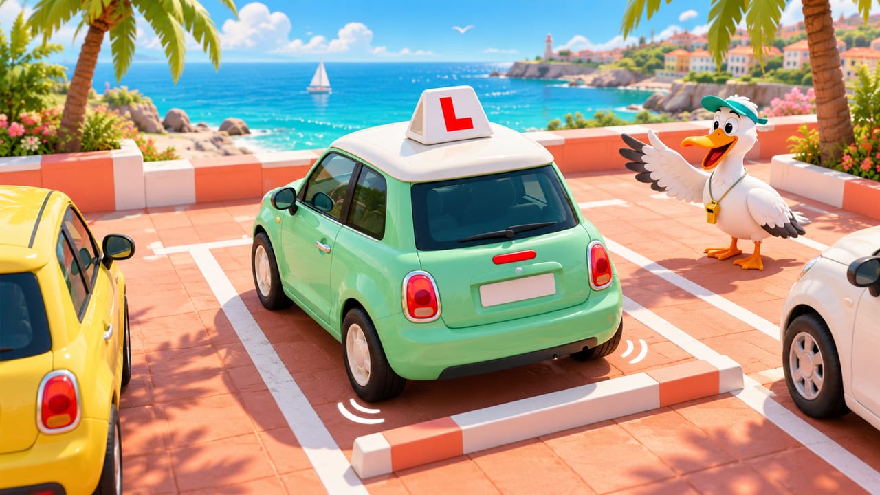 Parking Drill cover art: a learner car and a pelican instructor at a seaside car park