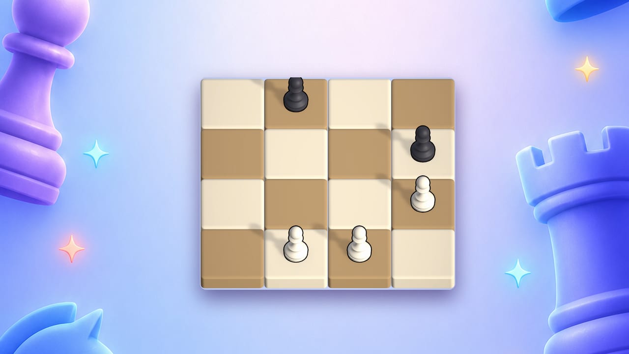 Pawnstorm Run: three white pawns and two black pawns on a small chessboard, framed by a purple pawn and a blue rook