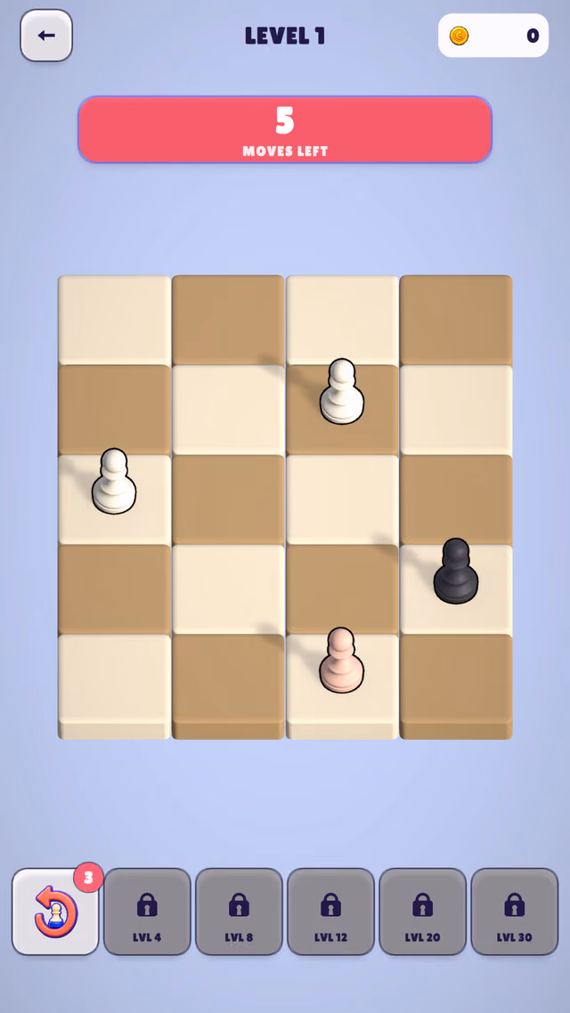 Pawnstorm Run level 1: white pawns closing in on the last black pawn