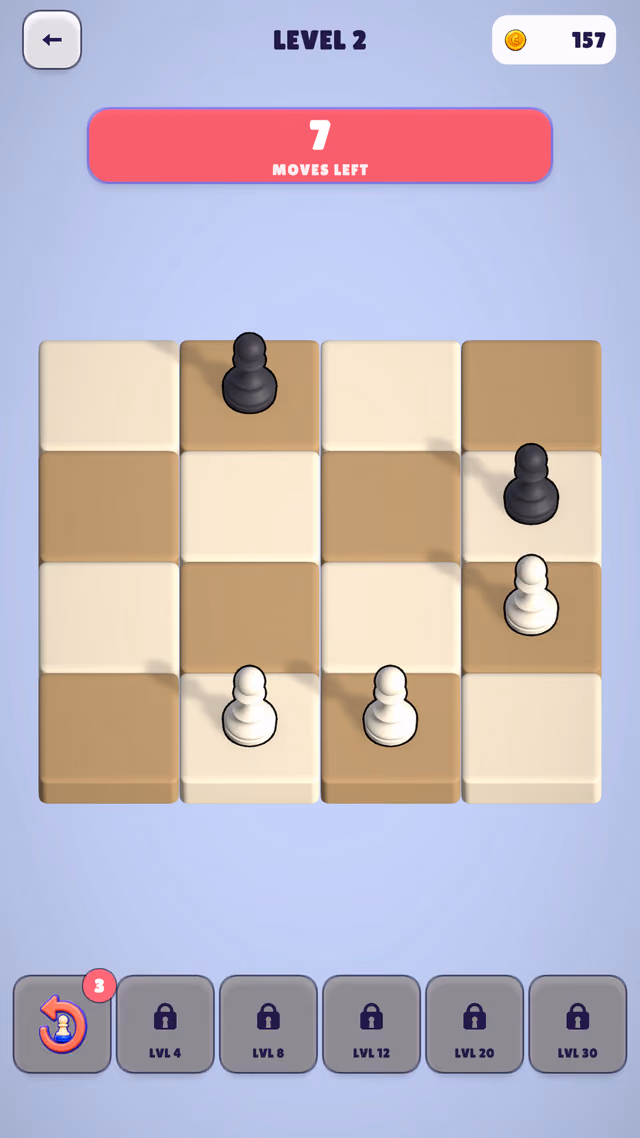 Pawnstorm Run level 2: three white pawns facing two black pawns, seven moves left