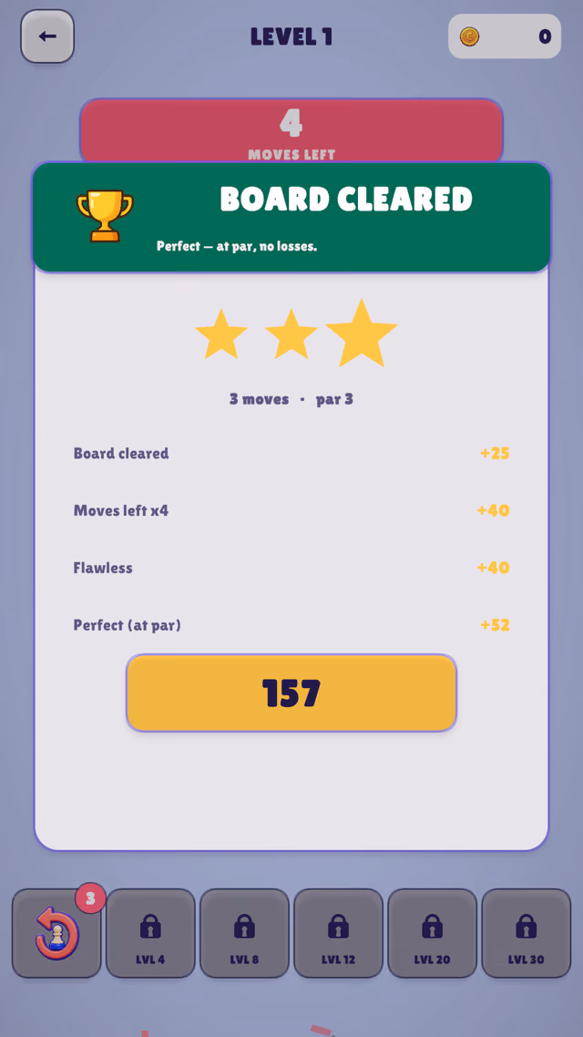 Pawnstorm Run board cleared screen with three stars, three moves at par