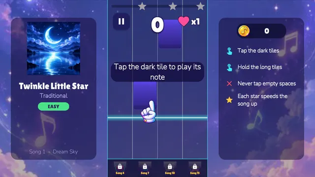 Piano Rush how-to-play panel listing tap, hold and avoid empty spaces