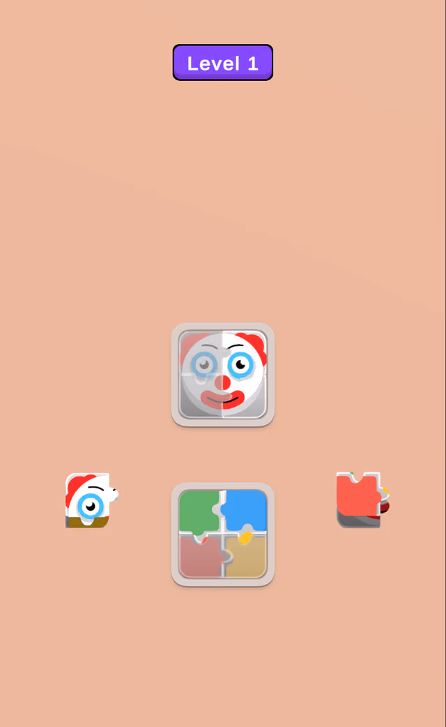 Piece Pickup level 1: a clown face frame and a colored blocks frame