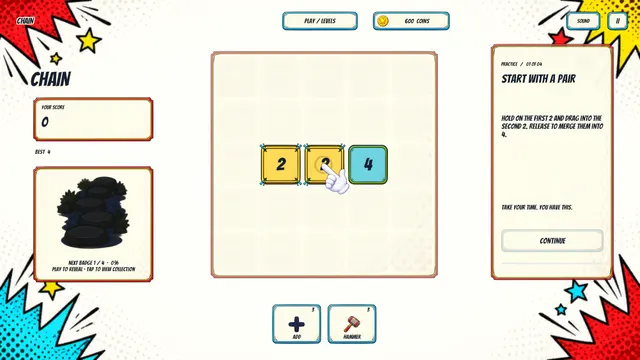 Pocket Numbers: Chain practice board with two 2 tiles and a 4