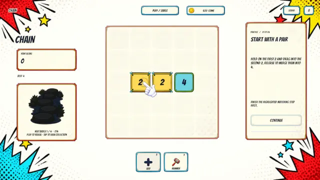 Pocket Numbers: Chain, dragging one 2 into the other to merge them