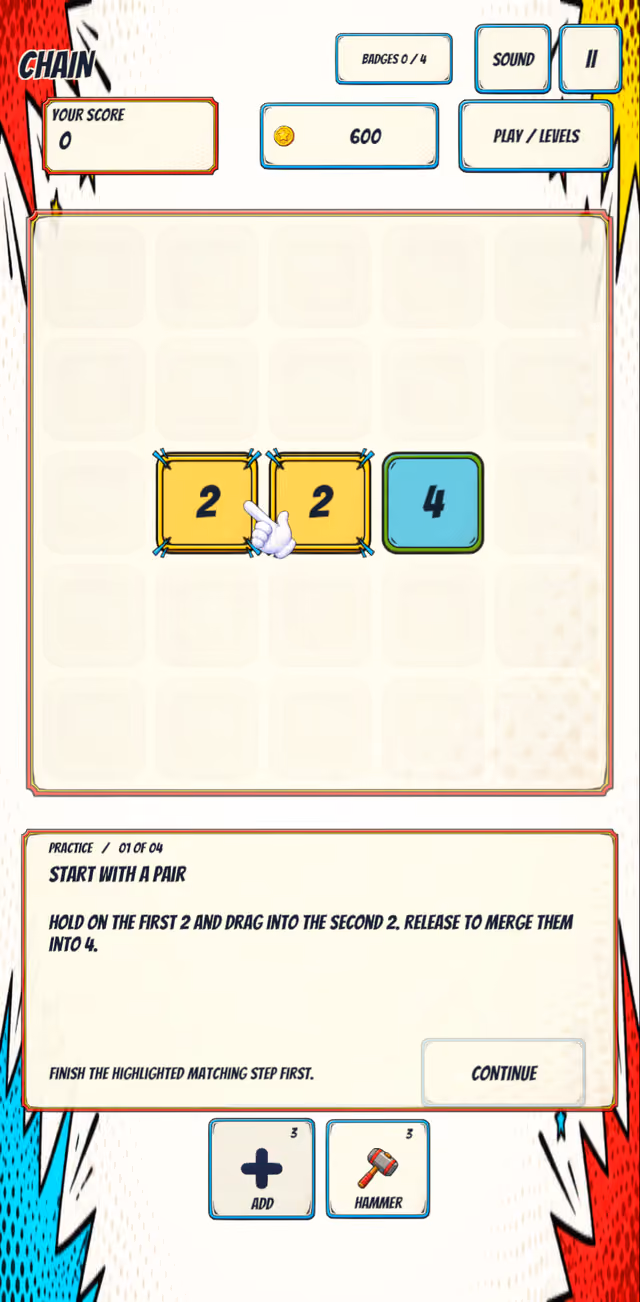 Pocket Numbers: Chain on a phone held upright, same board in comic style